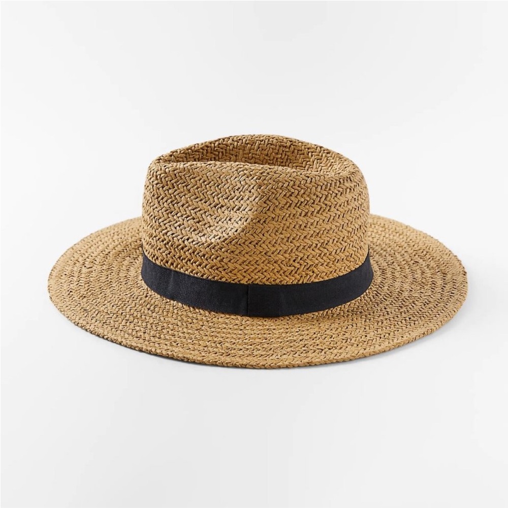 Zara Straw Panama Fedora Woven Hat with Contrasting Band Natural Black Strap med